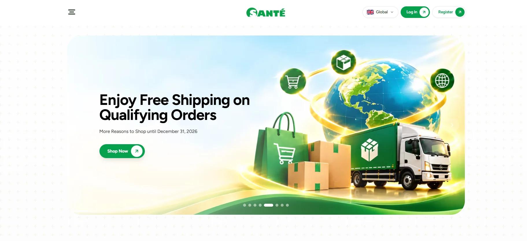 Sante website showing its green branding and an e-commerce shipping promotion.