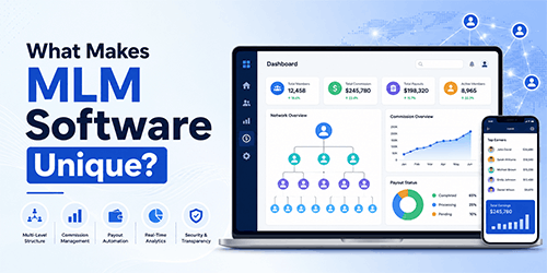 MLM software dashboard with network and commission tools.